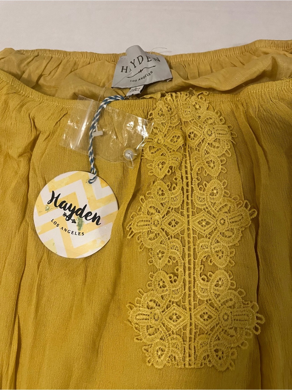 NWT Hayden Los Angeles Yellow Embroidered Cold Shoulder Top L Boho Festival